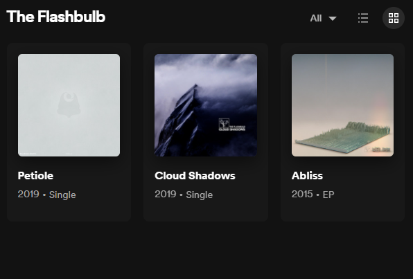 screenshot of Spotify showing three singles, with all Flashbulb albums otherwise gone and inaccessible