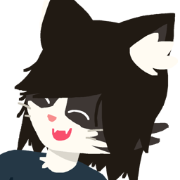 drawing of a fluffy cat guy smiling at you. he’s got bicolor white and gray fur, long dark hair, and a pink nose. that guy is me!